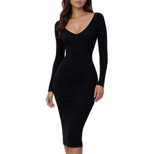 Hera Collection Medium Dress Black Midi Long Sleeve Ribbed Knit V‎ Neck Witchy